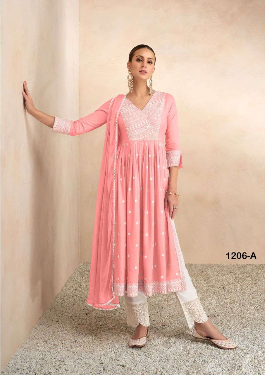 AADHIRA VOL 4 LIGHT COLOR  REYON VISCOS FRNT AND BACK LAKHNAWI WORK NAYRA CUT KURTI WITH COTTON PANT AND NAZMIN DUPATTA BY VAMIKA BRAND 1206 A